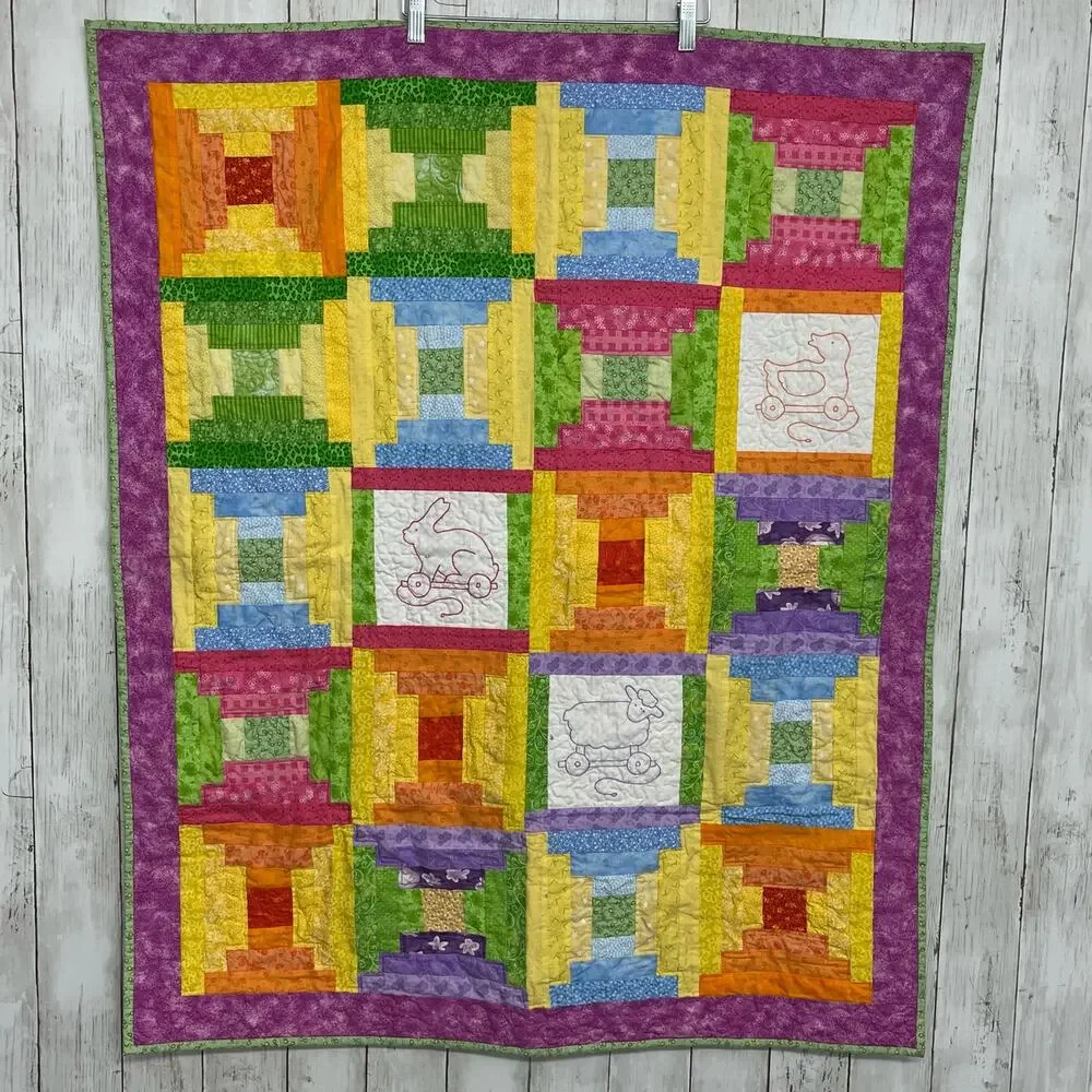 Handmade Vintage Patchwork Kids Baby Quilt Colorful Balloons Duck Sheep Rabbit